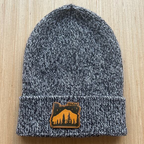 PNW Beanie Gray Wool Alpaca Blend Pacific NorthWest Patch Mountain Trees - Picture 1 of 4